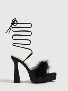 Fluffy Design Sculptural Heeled Strappy Sandals - Black - View 4