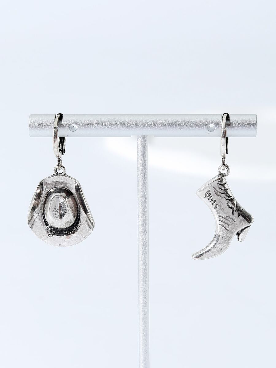 靴子和牛仔帽不對稱耳墜 - 復古銀色 - 查看 1