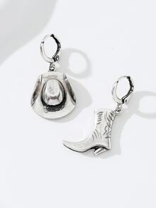 靴子和牛仔帽不對稱耳墜 - 復古銀色 - 查看 2