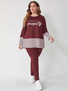 Mulvari Camiseta y pantalones a rayas con ribete en rojo burdeos talla grande - Burdeos - Ver 3