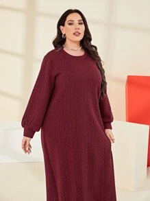 Mulvari Plus Solid Bishop Sleeve Sweatshirt Dress - Maroon - View 2