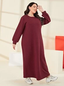 Mulvari Plus Solid Bishop Sleeve Sweatshirt Dress - Maroon - View 3