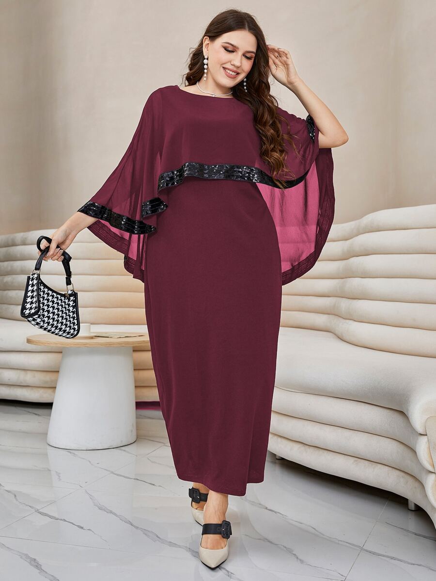 Modelyn 大碼亮片拼接下擺開叉披肩洋裝 - 紫紅色 - 查看 1