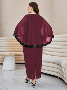 Modelyn 大碼亮片拼接下擺開叉披肩洋裝 - 紫紅色 - 查看 2