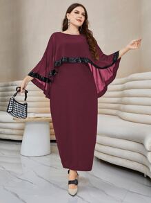 Modelyn 大碼亮片拼接下擺開叉披肩洋裝 - 紫紅色 - 查看 6