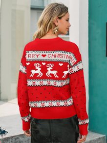 Simplee Christmas Pattern Drop Shoulder Jumper - Red - View 2