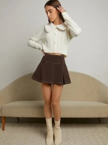 SHEIN EZwear 高腰頂針褶皺燈芯絨半身裙