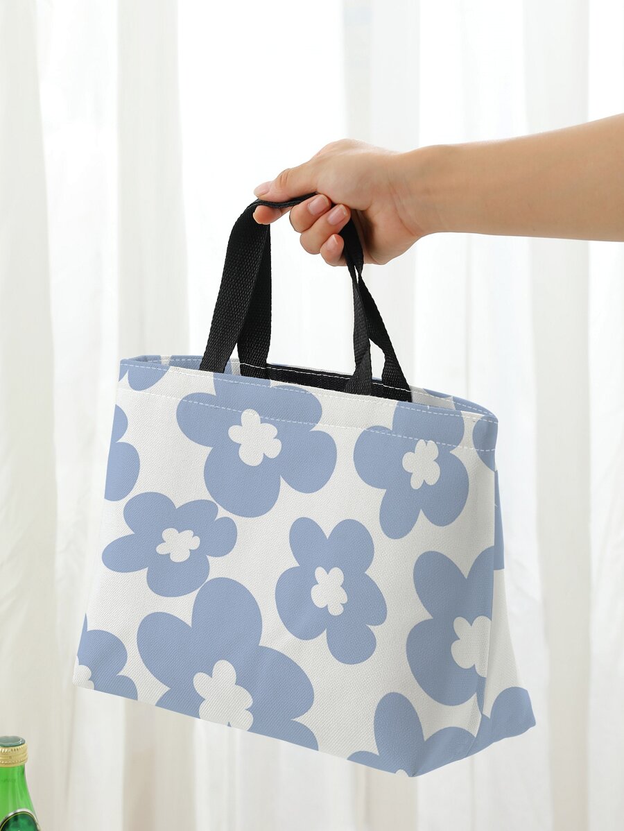 Flower Print Lunch Bag - Blue and White - View 1