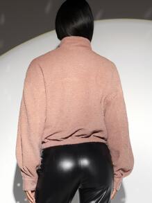 SHEIN BAE 拉鏈開襟口袋貼布泰迪夾克 - 藕粉色 - 查看 2