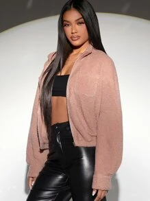 SHEIN BAE 拉鏈開襟口袋貼布泰迪夾克 - 藕粉色 - 查看 3