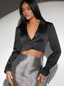 SHEIN BAE Lapel Neck Tie Cuff Crop Satin Blazer - Black - View 1