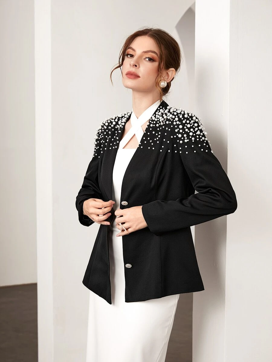 Modelyn Pearl Beaded Button Front Blazer - Black - View 1