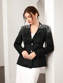 Modelyn Pearl Beaded Button Front Blazer - Black - View 5