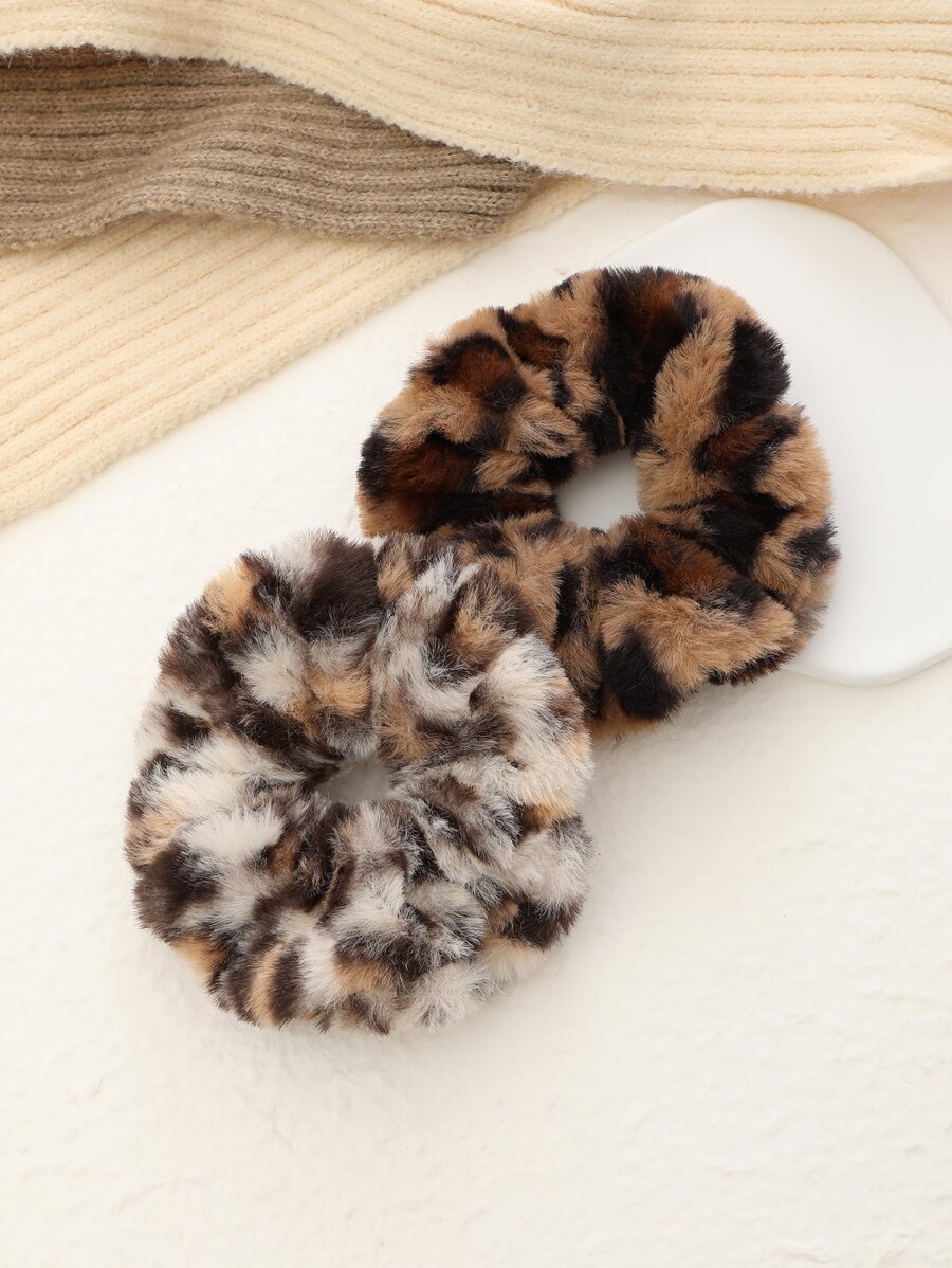 2件套时尚新款毛绒豹纹发饰，秋冬季女士布艺发圈，带马尾辫和发圈，可爱发圈，发绳，发圈，发带，化妆，家居，健身，女士配饰，头部配饰，弹性发带，美容，家居，卧室装饰