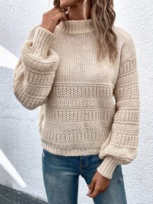 SHEIN Essnce Mock Neck Bishop Sleeve Jumper - Apricot - View 4