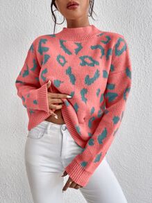 Chiquease Leopard Pattern Mock Neck Drop Shoulder Sweater,Long Sleeve Tops Knit Pullover Fall Winter Outfit - Watermelon Pink - View 2