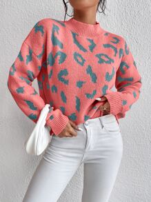 Chiquease Leopard Pattern Mock Neck Drop Shoulder Sweater,Long Sleeve Tops Knit Pullover Fall Winter Outfit - Watermelon Pink - View 5