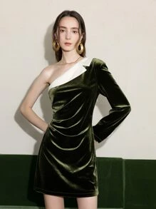 One Shoulder Contrast Panel Velvet Dress - Army Green - View 1