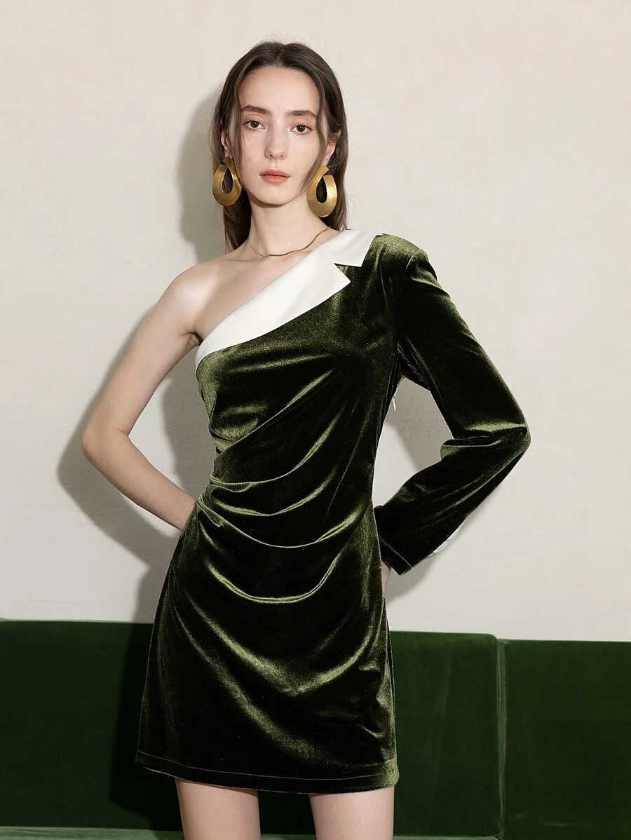 One Shoulder Contrast Panel Velvet Dress - Army Green - View 1