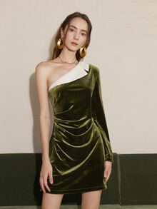 One Shoulder Contrast Panel Velvet Dress - Army Green - View 3