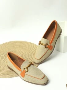 金屬牌裝飾方頭亚麻平底樂福鞋,杏顏色時尚純金屬質感雙色樂福鞋 - 杏色 - 查看 3