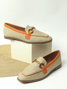 金屬牌裝飾方頭亚麻平底樂福鞋,杏顏色時尚純金屬質感雙色樂福鞋 - 杏色 - 查看 5