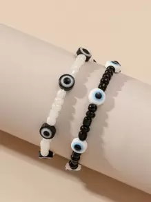 2 件玻璃串珠弹性眼手链套装，最佳朋友手链，情人手链 - 黑與白 - 查看 1