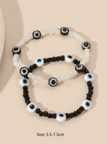 2 件玻璃串珠弹性眼手链套装，最佳朋友手链，情人手链 - 黑與白 - 查看 3