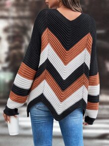 SHEIN LUNE Colorblock Chevron Pattern Asymmetric Hem Sweater - Multicolor - View 2