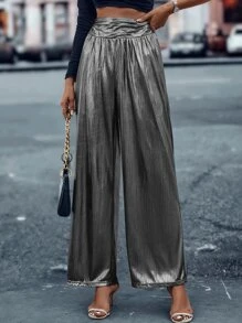 SHEIN LUNE Metallic Wide Leg Trousers - Silver - View 4
