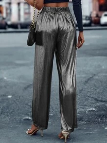 SHEIN LUNE Metallic Wide Leg Trousers - Silver - View 2