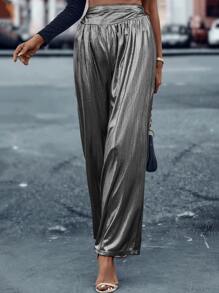 SHEIN LUNE Metallic Wide Leg Trousers - Silver - View 3