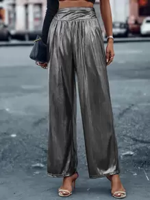 SHEIN LUNE Metallic Wide Leg Trousers - Silver - View 1