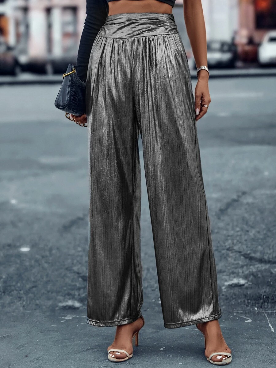 SHEIN LUNE Metallic Wide Leg Trousers - Silver - View 1