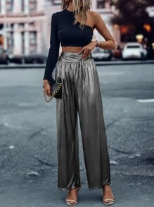 SHEIN LUNE Metallic Wide Leg Trousers - Silver - View 5