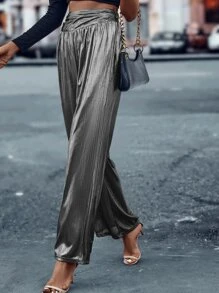 SHEIN LUNE Metallic Wide Leg Trousers - Silver - View 6