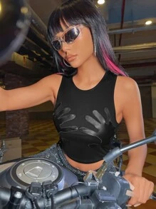 SHEIN ICON Patched Hands Pattern Crop Tank Top - Black - View 3