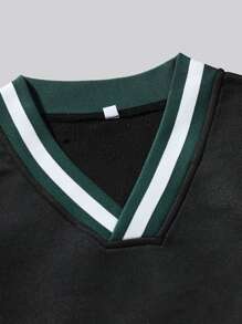 ROMWE MEN Academia Men Letter Graphic Striped Trim Thermal Sweatshirt - Black - View 4