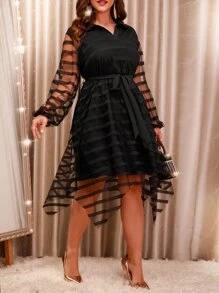 SHEIN Clasi Plus Striped Mesh Overlay Asymmetrical Hem Belted Dress - Black - View 1