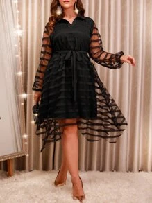 SHEIN Clasi Plus Striped Mesh Overlay Asymmetrical Hem Belted Dress - Black - View 4