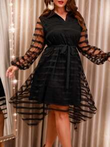 SHEIN Clasi Plus Striped Mesh Overlay Asymmetrical Hem Belted Dress - Black - View 5