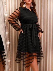 SHEIN Clasi Plus Striped Mesh Overlay Asymmetrical Hem Belted Dress - Black - View 6