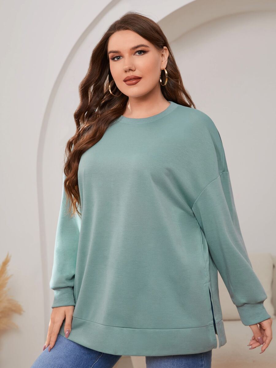 Mulvari Plus Drop Shoulder Split Hem Sweatshirt - Mint Green - View 1
