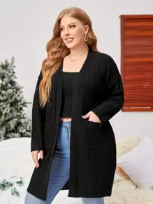 Plus Size Drop Shoulder Cardigan & Cami Knit Top - Black - View 4