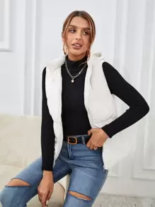 SHEIN Frenchy 秋冬拉链斜口袋连帽无袖棉服大衣 - 白色 - 查看 4