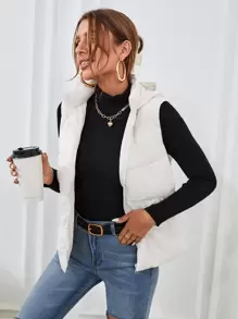 SHEIN Frenchy 秋冬拉链斜口袋连帽无袖棉服大衣 - 白色 - 查看 5