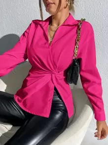 SHEIN Privé Solid Twist Front Shirt - Hot Pink - View 1