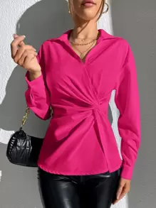 SHEIN Privé Solid Twist Front Shirt - Hot Pink - View 4