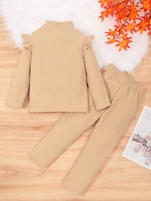 Young Girl Ruffle Trim Mock Neck Thermal Lined Tee & Pants - Khaki - View 2