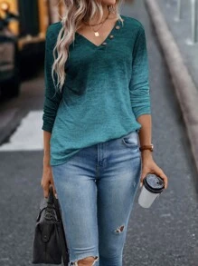 SHEIN LUNE Áo thun nữ Nút phía trước Ombre Giải trí - Màu xanh ngọc - Xem 4